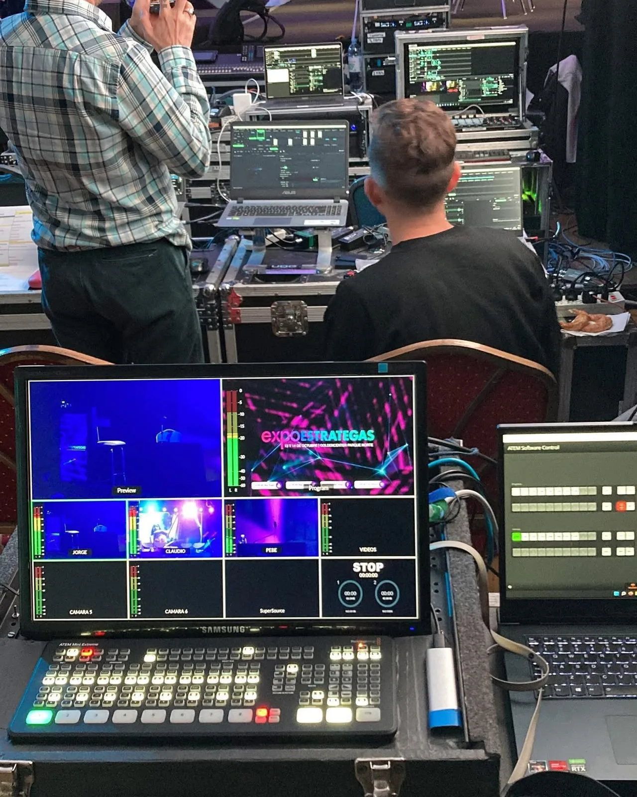 Equipo técnico operando una realización multicámara detrás de escena